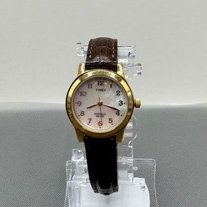 Timex White Pearl Dial Indiglo Genuine Brown Leather Women